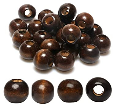 30 braune Makramee-Holzperlen – 25 mm, dunkelbraun, rund, gefärbt, 10 mm Loch für DIY-Dekorationen