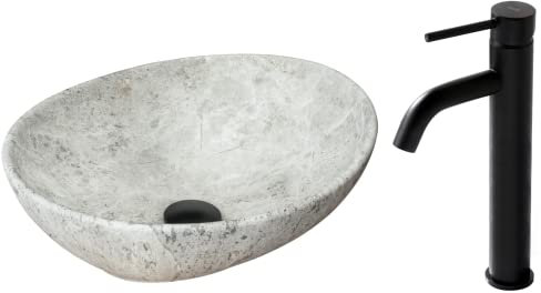 VBChome Waschbecken Stone + Armatur 41 x 35 x 15 cm Kleine Keramik Oval Waschtisch Handwaschbecken Aufsatzwaschbecken Waschschale Gäste WC