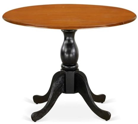 East West Furniture DST-BCH-TP Dublin Esszimmertisch – eine runde Massivholz-Tischplatte mit Dropleaf und Sockel, 106,7 x 107,7 cm, Schwarz und Kirsche