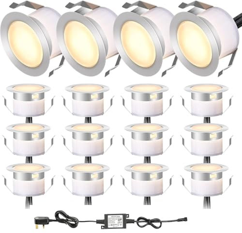 INDARUN Warm White Led Decking Lights Outdoor Waterproof IP67 Ø31MM 12V - Led Plinth Light Kits for Terrace/Patio/Path/Wall/Garden/Decoration, Lot of 16