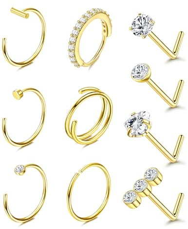 FIOROYAL 10Pcs 14K Gold Filled Nose Ring Studs 20G Nose Rings Hoops 316L Stainless Steel Nose Rings for Women Men Hypoallergenic Round CZ Heart Simulated Diamond L Shaped Gold Nose Stud G