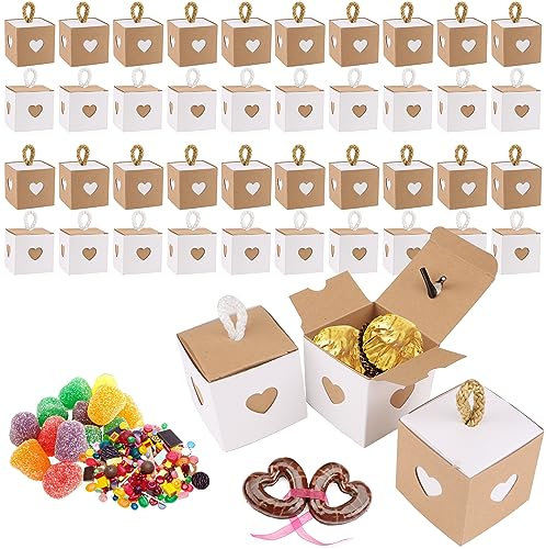40 Stück Kleine Geschenkschachte Kraftpapier, 5.5 * 5.5 * 5.5cm Pralinenschachtel Leer Weiß & Braun mit Herz, Mini Retro Kraftpapier Geschenkverpackung Box für Süßwaren, Gastgeschenke, Hochzeit, Party