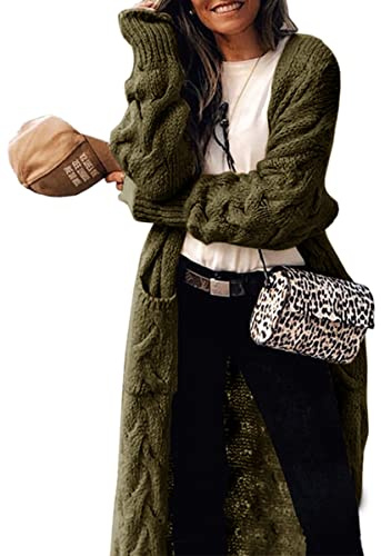 Tongmingyun Strickjacke Damen Lang Cardigan Grobstrick Langärmelige Strickmantel Damen Warm Elegant Open Front Sweater Winter Armeegrün S