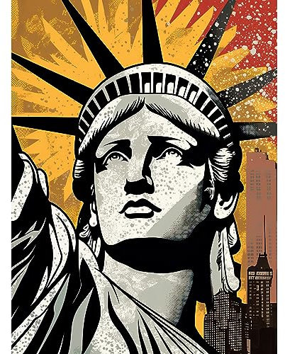 Artery8 Statue of Liberty Comic Book Style Black Red Yellow New York City Skyscraper Large XL Wall Art Canvas Print