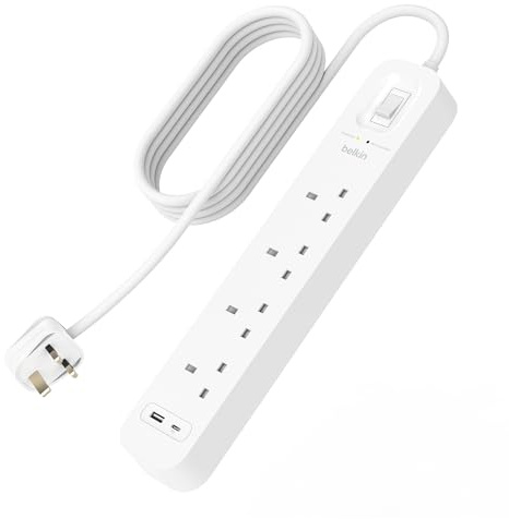 Belkin 4-Outlet Surge Protector Power Strip with USB-C and A Ports, 2m Cord | Extension Lead with USB-C and USB-A Slots, Wall-Mountable with 4 AC Outlets, 2m Power Cord, 525 Joules, Green Indicator Light