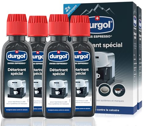 durgol swiss espresso – Détartrant spécial anti-calcaire pour tous types de machines à café – Enlève le calcaire efficacement – Version française – 4 x 125 ml
