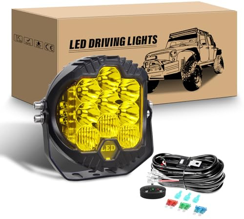 RIGIDON Rund Led Arbeitsscheinwerfer mit 12V Kabelbaum, 5 Zoll 50W 5000LM | 3000K Gelb Wasserdicht Offroad Beleuchtung Zusatzscheinwerfer, Nebelscheinwerfer für Auto ATV LKW Traktor Fahrzeuge 4x4
