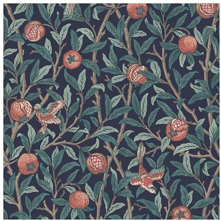 Papier peint intissé William Morris Bird & Pomegranate Navy Blue 1005 x 52cm Bleu nuit, vert, corail | Revêtement Mural, Tapisserie | Ambiance Facile à poser et à enlever