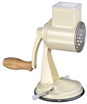 Zassenhaus Trommelreibe CLASSIC, Küchenreibe manuell, Lackiertes Metall, Buchenholz, Edelstahl, Saugfuß, 2 Reibtrommeln und Stößel, Verwendbar als Gemüseschneider, Käsereibe und Hobel, Creme