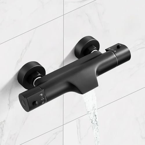 SINKTORY Grifo de Ducha Termostático Salida de Cascada Negro, 38 ℃ Termostato Grifo Bañera y Ducha, con el Botón de Seguridad Grifo Ducha Mezclador Termostático Ducha de Latón, Montaje en Pared