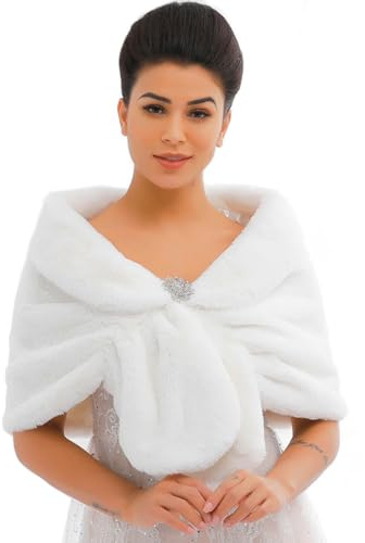 Evlry - Chal de novia de piel sintética para mujer, perfecto para bodas, con estola de piel y envoltura de chal para mujer, blanco, L