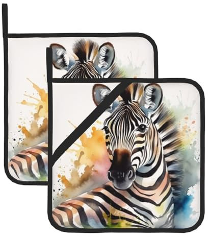 2 Pack Insulation Pot Holders with Pocket for Kitchen, Heat Resistant Hot Pads for Countertops, Cute Zebra Watercolor Oven Potholders for Cooking Baking Oven Hot Holders 8 inch Trivet