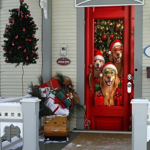 Weihnachtstürabdeckung Merry Christmas, Weihnachtsbanner mit niedlichen Katzen und Hunden, Weihnachts-Hintergrund, hängende Banner für Neujahrsparty, Winterferien, Weihnachtsdekorationen (S, 180 x