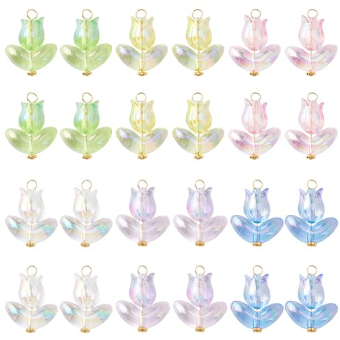 GOMAKERER 24 Pcs 6 Colors Acrylic Tulip Charms Pendants, Transparent Plastic Colorful Spring Flowers Charms Dangle Glass Bead Charms Bulk Flower Pendants for DIY Jewelry Making