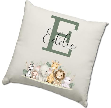 HotScamp Jungle Theme Cushion Cover - Personalised Bedroom Nursery Animal Scatter Cushion Home Accessory Pillow Newborn Baby Child's Kids Room - Name Through Initial Natural Canvas 40x40cm