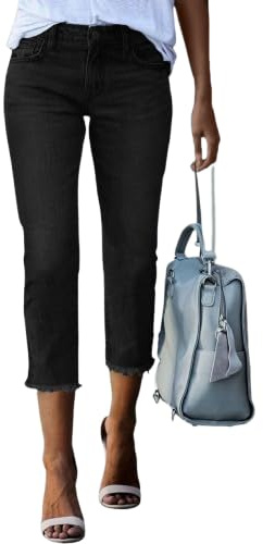 Générique Corsaire Femme été Jean Droit Pantacourt Femme Jean Taille Haute Straight Capri Jean Mom Petite avec Ourlet Effiloché Hanche Pantalon Court Ete Leger Denim Décontracté Capri Pants