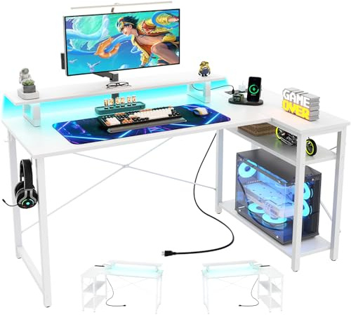 iSunirm L-shaped Gaming Desk with Led Light & Sockets, Computer Desk with Storage Shelves, Reversible Corner Desk with Monitor Stand for Studying, Gaming and Working,120x70cm, white