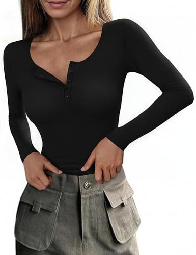 Totatuit Camiseta Manga Larga Mujer Básica de Algodón Cuello Henley Elástica Slim Fit de Punto Casual Elegante Sólido Túnica Negro，M