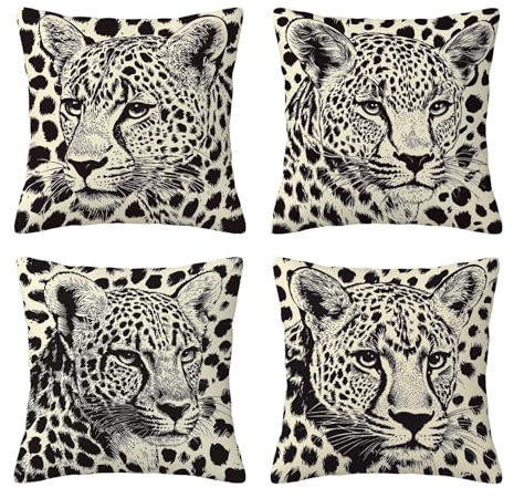 Outdoor Cushion Covers 45cm x 45cm Animal Waterproof Linen Throw Pillow Cases Leopard for Qutdoor Cushions for Garden Furniture, Square Sofa Pillows Case 4 Pack with Invisible Zipper for Garden B-19