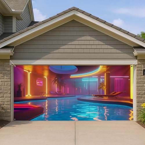 Housse de porte de garage tropicale fluo pour piscine, garage, grande toile de fond vibrante futuriste pour salon, décoration de fête d'été, 397 x 180 cm