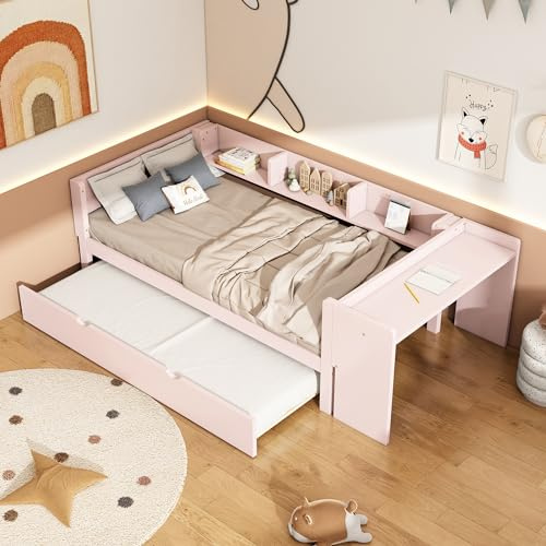 RIAZOS Kinderbett 90x200 mit Regale und Schreibtisch, Einzelbett mit Ausziehbett, Tagesbett mit Lattenrost, Massivholz Kiefer Holzbett, Multifunktionsbett, ohne Matratze, Rosa
