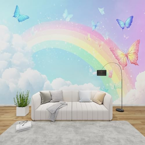 PaxGloz Fototapete Regenbogen Schmetterlinge Tapete Wolken Mädchenzimmer Tapeten Vliestapete Modern Wandtapete Wohnzimmer Schlafzimmer Kinderzimmer Wanddeko Motivtapeten 250 x 175 cm (B x H)