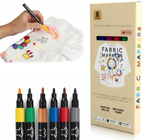 ARYIMYDP 6er Set Textilstifte Waschmaschinenfest, Textilfarbe Permanent für T-Shirts Stoffe, Malstifte mit Feinspitze für Kinder Erwachsene Künstler DIY Projekte