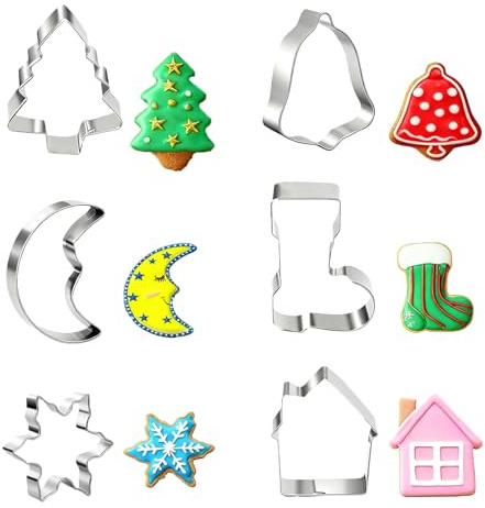 6 Piece Christmas Cookie Cutter Set,Small Stainless Steel Cookie Cutter,Christmas Tree, Bells,Moon,Christmas Stocking, Snowflakes,Houses for Christmas Party Decorations