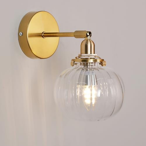 GreeLustr Wandbeleuchte Loft-Wandlampen Gold Vintage Wandlampe mit Schalter, Wandleuchte Innen E27 Nachttischlampe Wand Drehbare für Schlafzimmer Flur Wohnzimmer, Gestreiftem Klares Glas 13cm