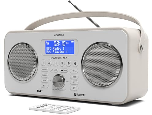 DAB/DAB+ & FM Portable Digital Radio | Bluetooth | Remote Control | Rechargeable Battery | Dual Alarms & Sleep Timer | Perfect for Home, Office or Outdoors | AZATOM Multiplex D20 (White)