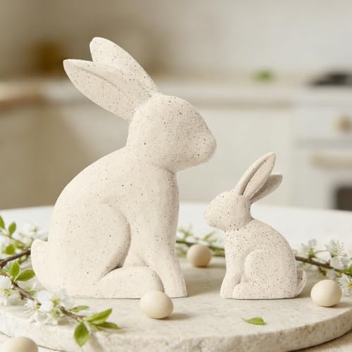 DN DECONATION Osterdeko Osterhasen Figuren, Wabi Sabi Osterhase Set 2 Stück, Beige Hasen Figuren, Frühjahrsdeko Tisch Fensterbank Kaminregal, Pressholz Skulptur für Innenbereich Ostern Dekoration