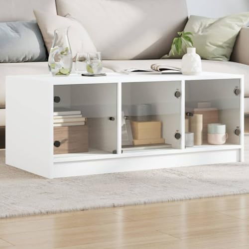 Frdhee Narrow Coffee Table Tea Desk,Coffee Table with Glass Doors White 102x50x42 cm,Use for Living Room,Bedroom,Office,Balcony,Apartment
