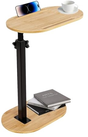 YuLiMirich Beistelltisch C Form 360° Rotierbarer und Höhenverstellbar Sofatisch Kleiner Tisch Bambusholz und Metall Couchtisch für Schmale Räume Beistelltisch Couch Holz für Wohnzimmer Schlafzimmer