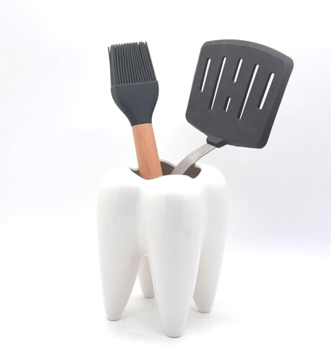 EONXNGAGY Ceramic Tooth Shaped Kitchen Utensil Holder For Countertop Large Cooking Utensil Crock Holder Spatula Holder Tooth Gifts Art Figurines Office Desk Bathroom Counter Decor & Housewarming Gift