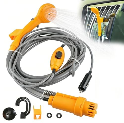BORDEAG Tragbare Campingdusche, DC12V Campingdusche Portable, Campingdusche mit Pumpe, Campingdusche Tragbare Mit Akku Für Camping Wandern Garten Strand Reisen Haustier(Gelb)