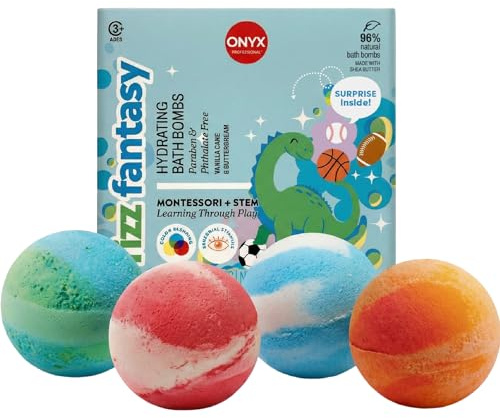 ONYX Professional Fizz Fantasy Bomba da bagno idratante per bambini, alla torta alla vaniglia e alla crema al burro, confezione da 4 bombe da bagno per bambini con sorpresa all'interno, bomba da bagno