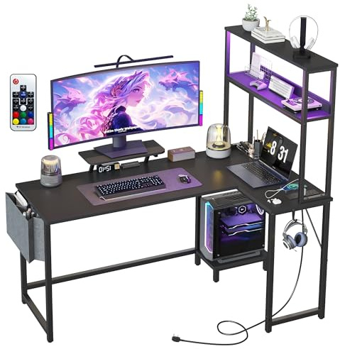 GarveeHome Escritorio de Esquina en L para Gaming y Oficina - Incluye cajón, Enchufe y Luces LED - Estantes de Almacenamiento, Estructura metálica y Tablero de partículas - Negro