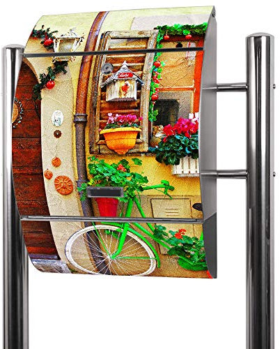 banjado® Standbriefkasten Edelstahl mit Zeitungsfach Motiv Grünes Fahrrad/Briefkasten mit Standfuß/Edelstahl Briefkasten freistehend - A4 Einwurf inkl. 2 Schlüssel