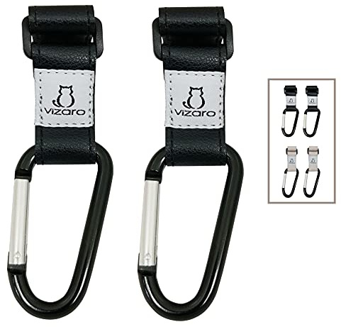 Crochets pour Poussette de Luxe marque Vizaro - 2 pièces - Pour accrocher des sacs, des sacs à dos, etc. -Bracelet en Éco-cuir Noir - Haute résistance jusqu'à 15 kg - Grand Anneau Fermé
