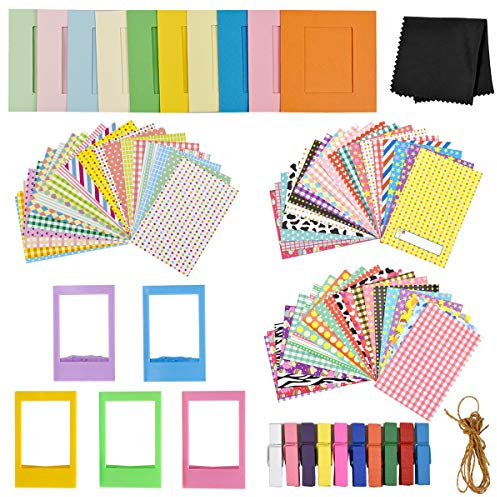 Accesorios para Fujifilm Instax Mini 9/8+/8: 60 Marcos de Pegatinas, 10 Marcos de Papel, 5 Marcos de Cuadros de Plástico, 10 Clips Colgantes con Cordón, 1 Paño de Microfibra