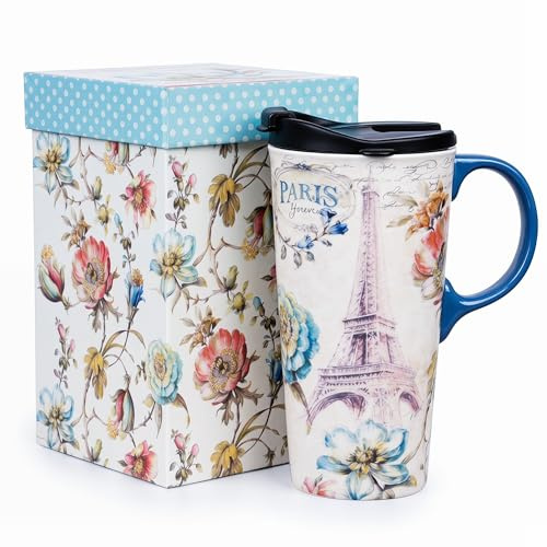 DUSVALLY 500ml Ceramic Travel Mug with Lid, Paris Eiffel Tower Floral Mug | 17oz large ceramic coffee mug with handle, vintage French floral artwork and matching gift box; microwave and dishwasher safe