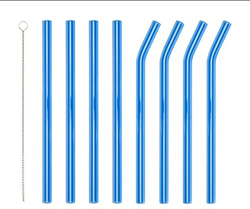 Cannucce in vetro blu riutilizzabili con 1 spazzola per la pulizia, 4 curve e 4 cannucce in vetro dritte per cocktail, frullati o tè, rispettose dell'ambiente e sano.