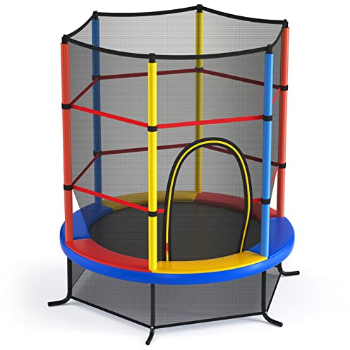 GOPLUS Trampolin Indoor, Kindertrampolin mit Sicherheitsnetz, überdachung, verzinkte Stahlkonstruktion, Sprungmatte, Gartentrampolin rund bis 135kg belastbar