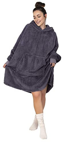 Gräfenstayn® Batamanta - Manta de Sherpa mullida con Mangas y Capucha - Norma Oeko-Tex 100 - Sudadera ponible - Jersey de Peluche cálido para Hombres y Mujeres (L - XL, Antracita)