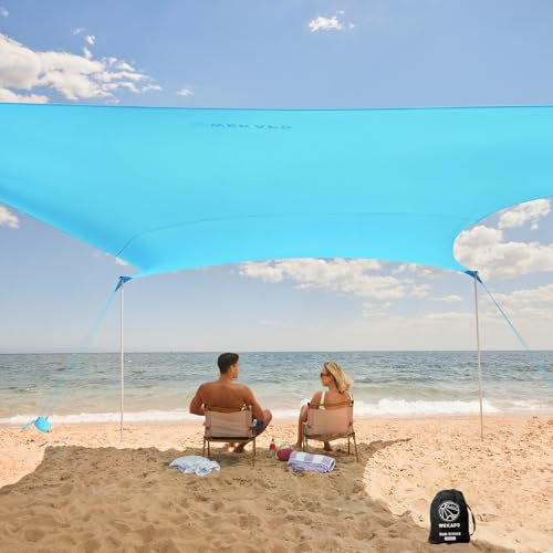 WEKAPO Tenda da spiaggia parasole facile da montare con 4 pali robusti, grandi sacchi di sabbia e pala,1,8 m di altezza, tenda da sole antivento per giardino e campeggi, protezione UPF 50+