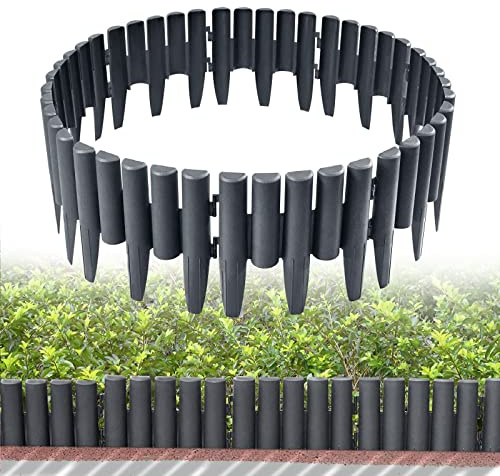 TRMLBE Bordure de Pelouse en Plastique 5,6 m Aspect Bois Bordure de Lit Bordure de Jardin Flexible Lot de 20 Clôture Palissade pour Décoration de Jardin - Anthracite