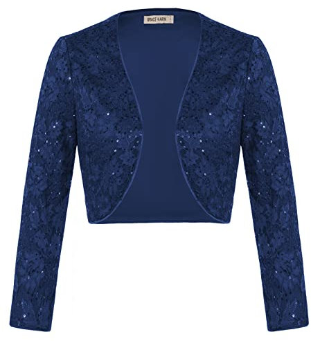 GRACE KARIN Dam gnistrande glitter paljett spets kort kort kort 3/4 ärm cardigan vintage paljetter Bolero, Marinblå paljett, M