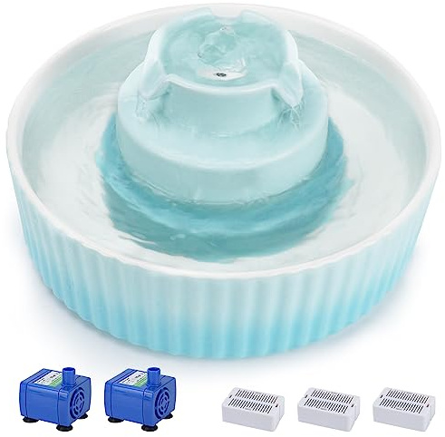 Lawfery Ceramic Cat Water Fountain, 2.1L/71oz Cat Fountain with 3 Carbon Filters and 2 Quiet Pumps, Cupcake Pet Water Dispenser for Cats and Dogs (Light Blue)