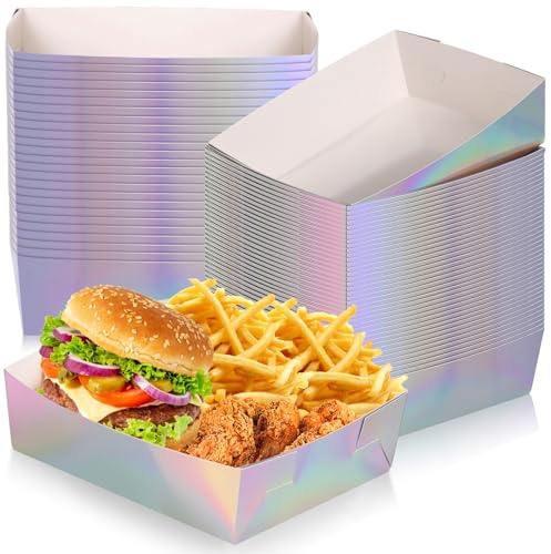Mifoci 50 Pcs Metallic Iridescent Party Paper Food Trays 5 lb Large Metallic Food Boats Nacho Plates Disposable Serving Snack Trays for 2026 Graduation Birthday Party Dinner Supplies