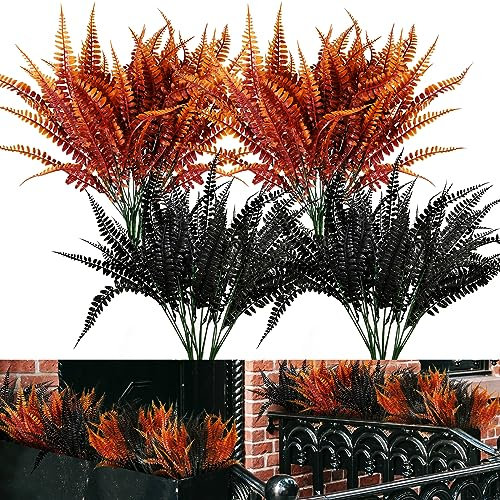 SNAIL GARDEN 12 Bündel künstliche Boston-Farnpflanzen, künstliche schwarze persische Farne Blatt & gefälschte Farne Herbststräucher UV-beständige künstliche Farne für draußen Zuhause Halloween Party